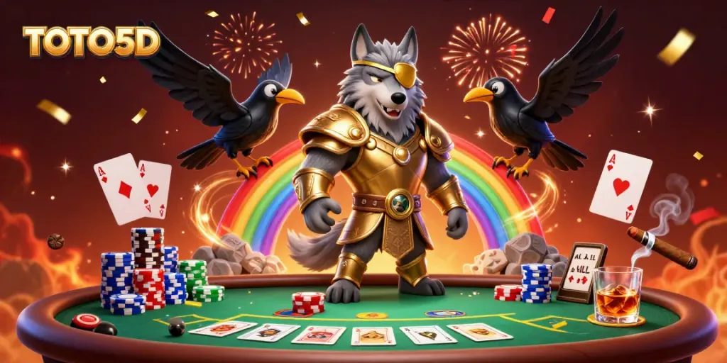 TOTO5D lottery action with a mythological wolf and ravens featured in an exciting casino scene.