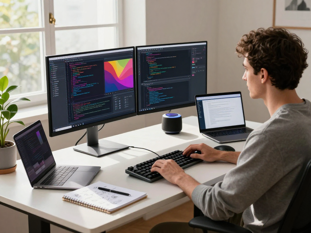 开发者在明亮的现代办公空间编写代码，展示Telegram下载应用的设计和功能。