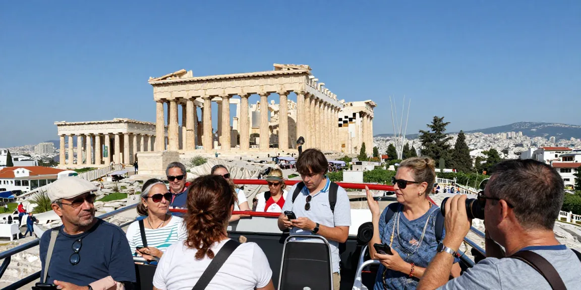 Enjoying the Hop on hop off athens bus tour with city views and landmarks.