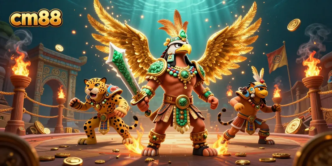 Experience cm88's dazzling gaming world with vibrant warriors and rich casino elements.