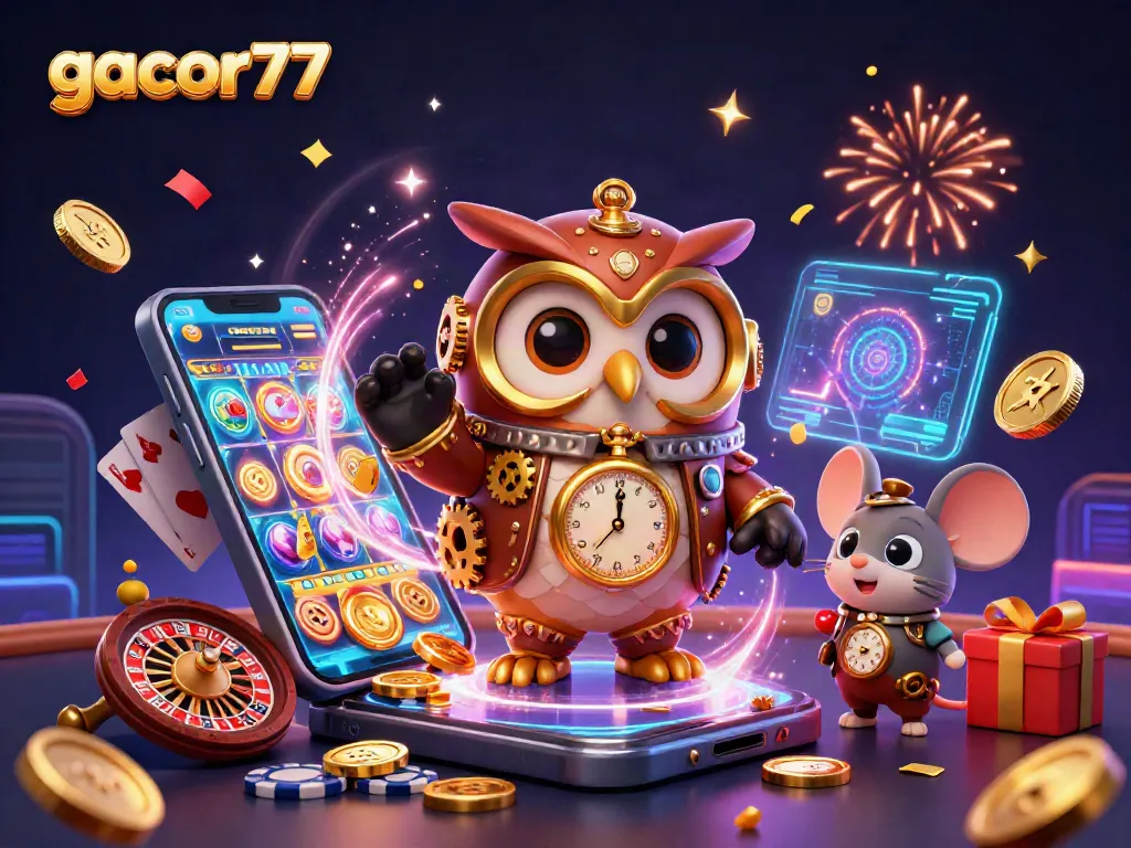 Gacor77 merayakan kemenangan dengan slot berputar yang cerah dan koin emas di kasino futuristik.