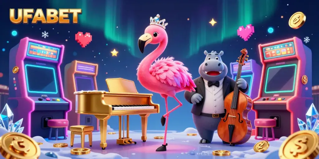 Experience exciting gaming with UFABET in a vibrant casino scene featuring a flamingo singer and hippo bassist.