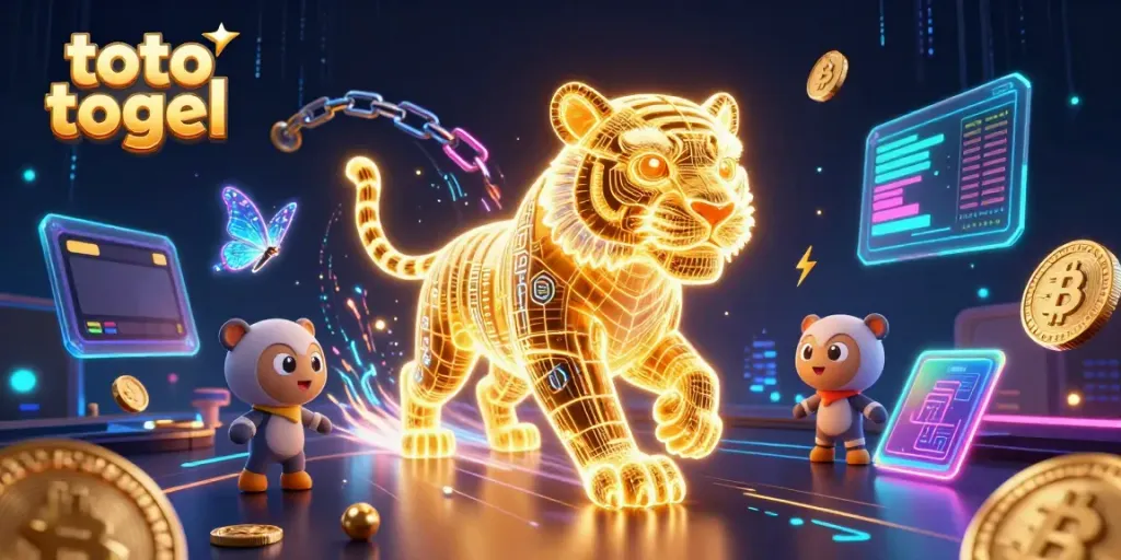 Experience thrilling gambling with a neon glowing tiger and crypto elements in the toto togel digital casino.