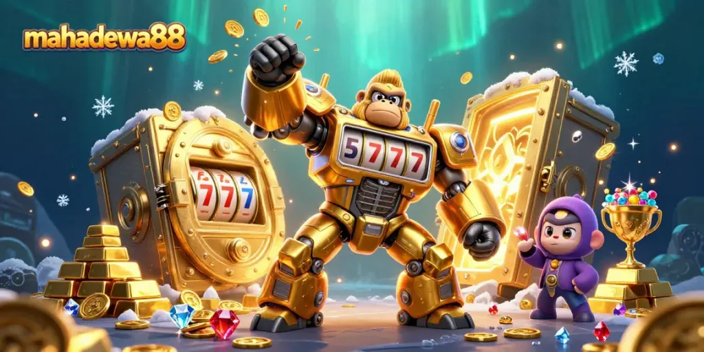Engage in thrilling gameplay at mahasdewa88 with a dynamic illustration of a golden gorilla mech surrounded by treasures.