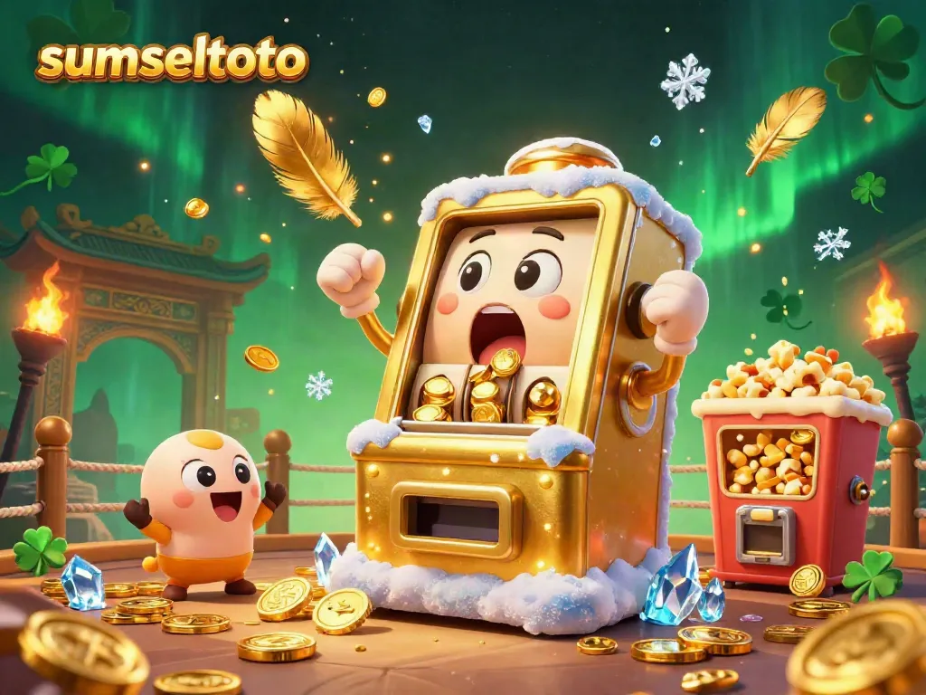 Sumseltoto showcases a golden slot machine celebrating a jackpot surrounded by cheering machines and gold coins.