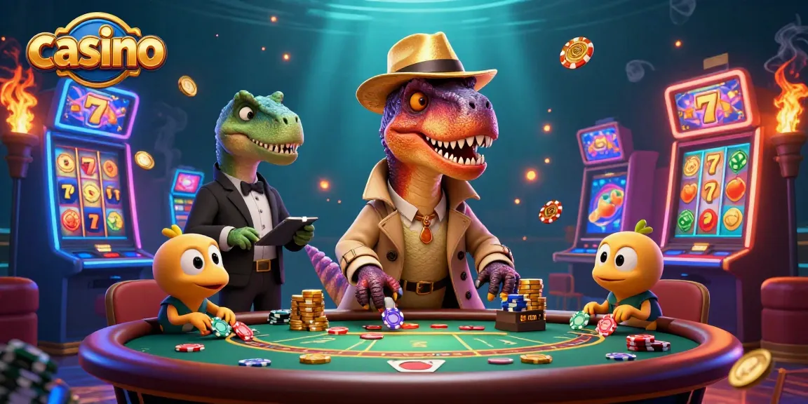 Vibrant casino scene featuring a velociraptor card counter, stegosaurus pit boss, and compy pickpocket among slot machines
