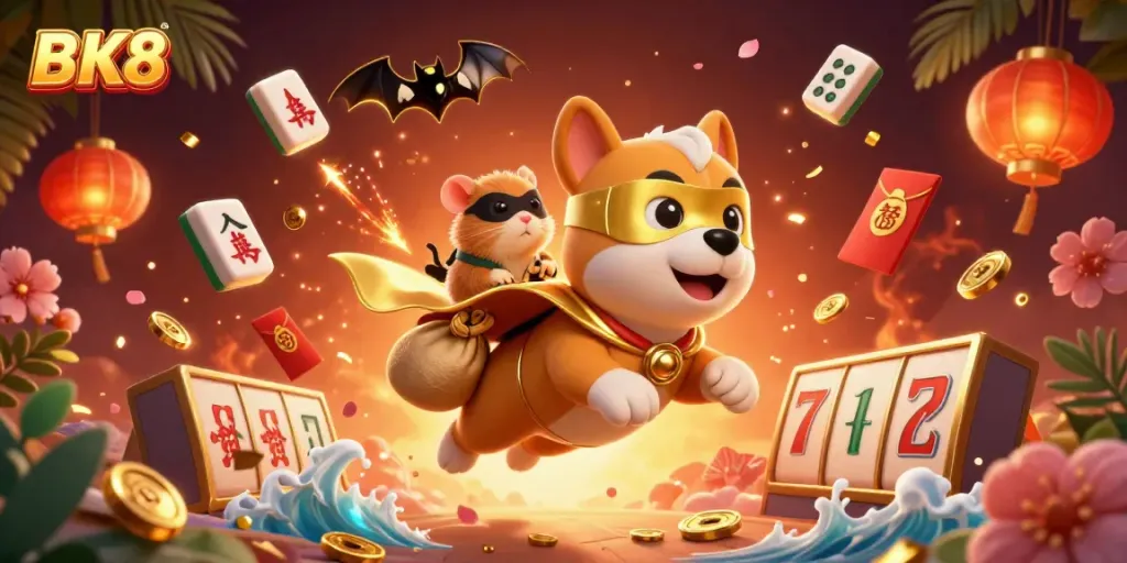 BK8 drives excitement as a superhero dog flies with gold coins in a vibrant casino atmosphere.