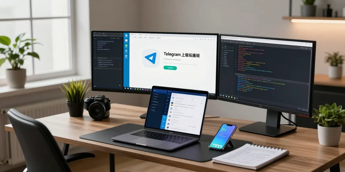 telegram chinese download interface displayed on monitors in a modern workspace for software development