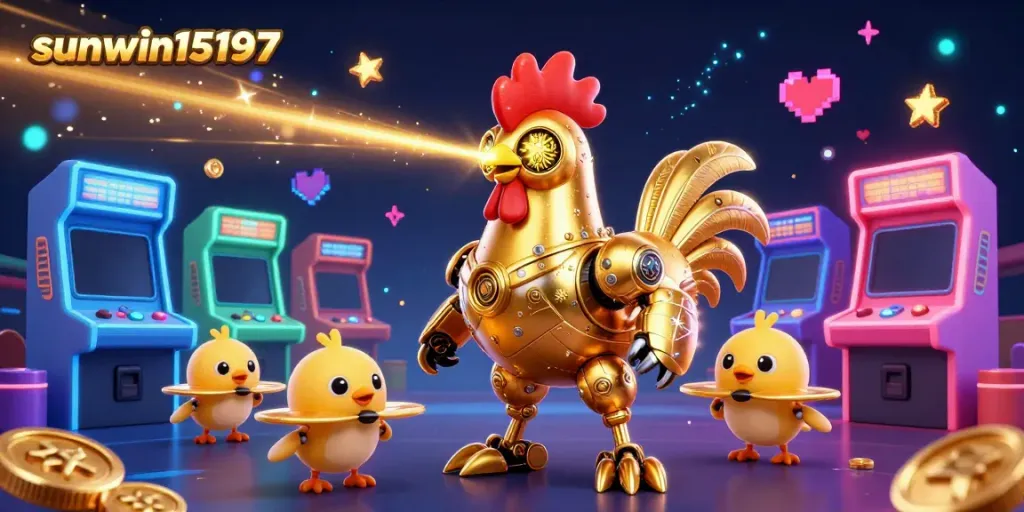 Experience thrilling action with sunwin15197's dynamic 3D game illustration featuring retro-futuristic elements and exciting casino motifs.