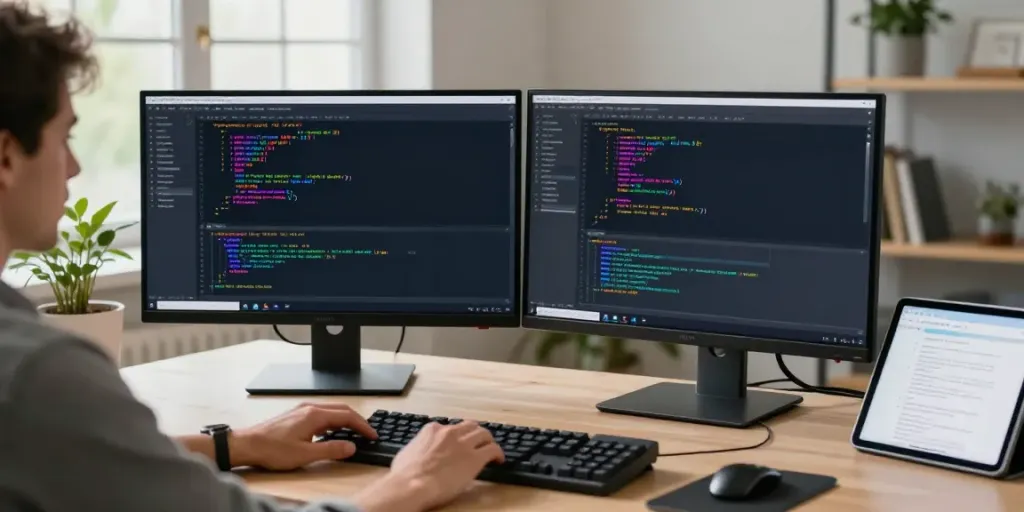 快连 software development workspace with vibrant code and modern tech elements