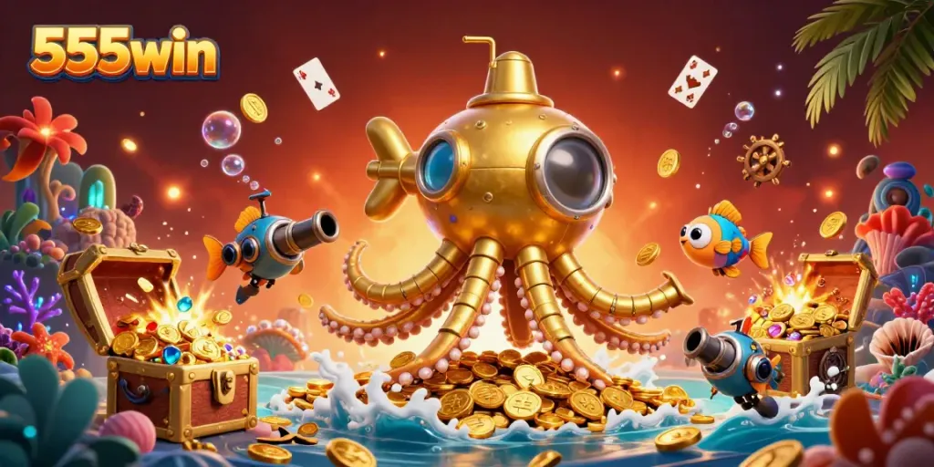 Experience thrilling wins with 555win's underwater adventure featuring a golden kraken amidst treasure-rich gaming elements.