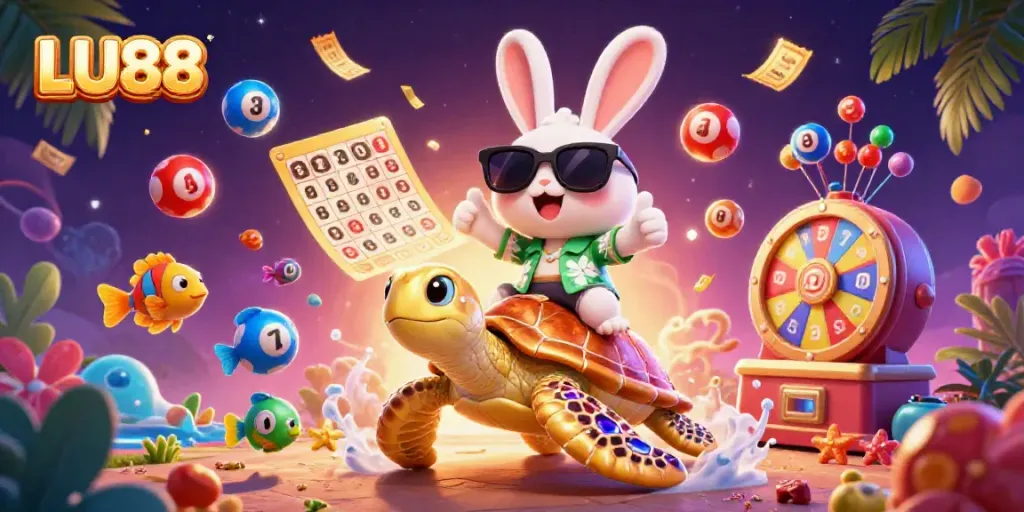 LU88's adorable cartoon rabbit celebrates big wins with dynamic lottery elements and tropical vibes.