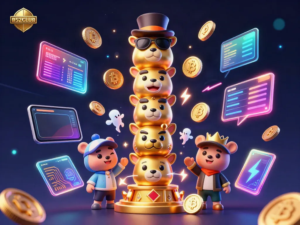 B52CLUB offers vibrant casino gaming experience with cartoon golden totem pole and crypto elements.