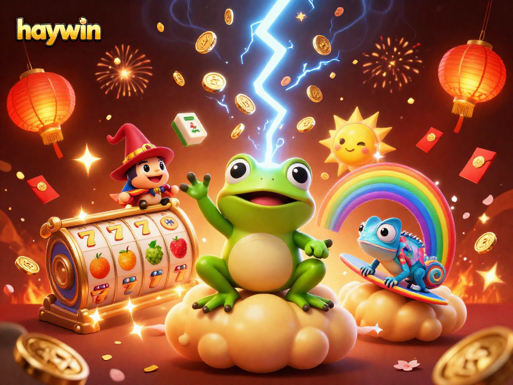 Experience the excitement of haywin with golden coin storms and slot reels in a magical 3D scene.