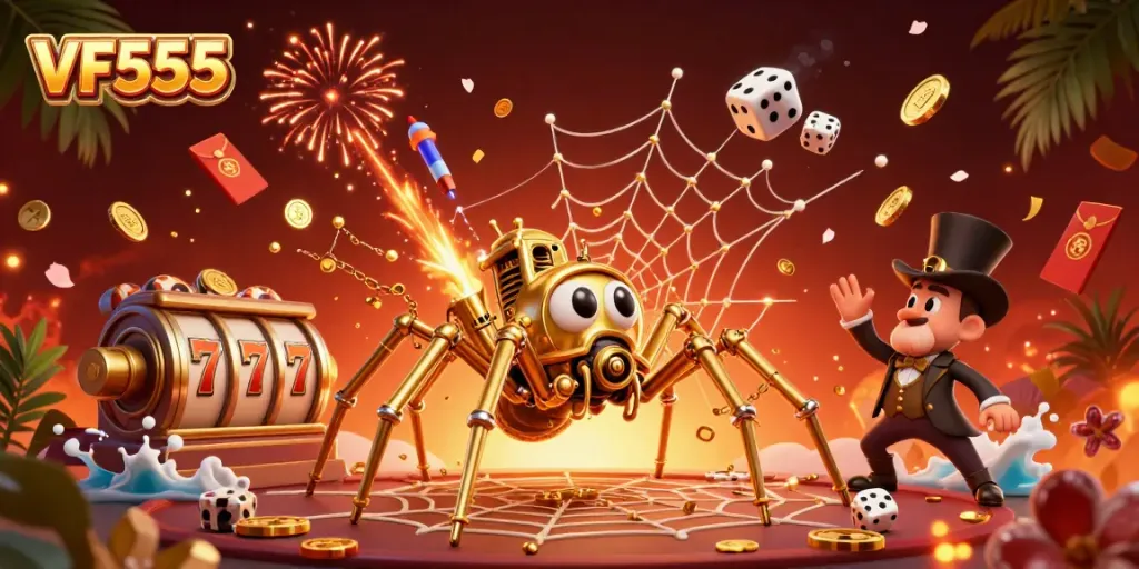 Interact with a vibrant VF555-themed casino scene featuring a golden spider trapping dice.