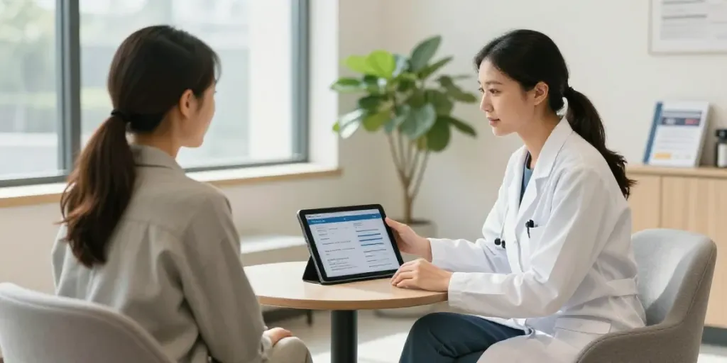 Consultation scene for obtaining a PA MMJ card online in a bright, welcoming clinic.