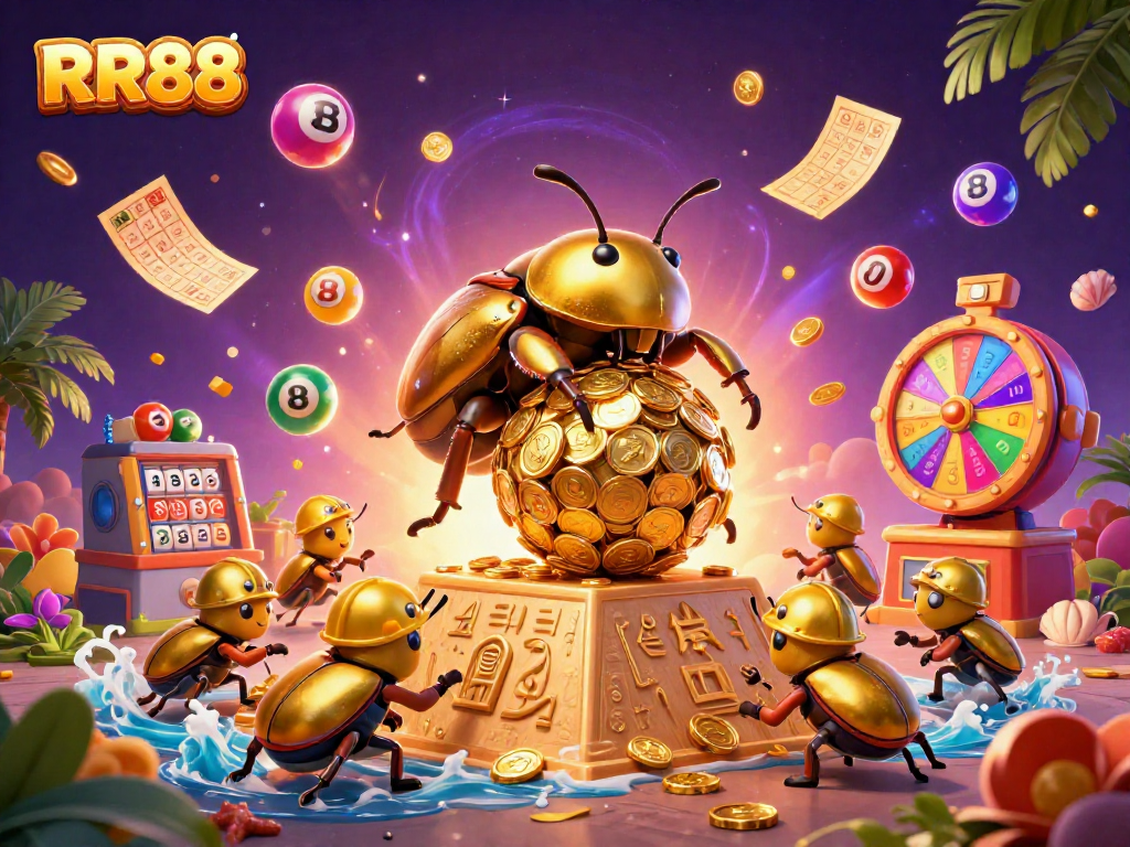Join the exciting RR88 experience with vibrant illustrations of golden beetles and lottery elements!