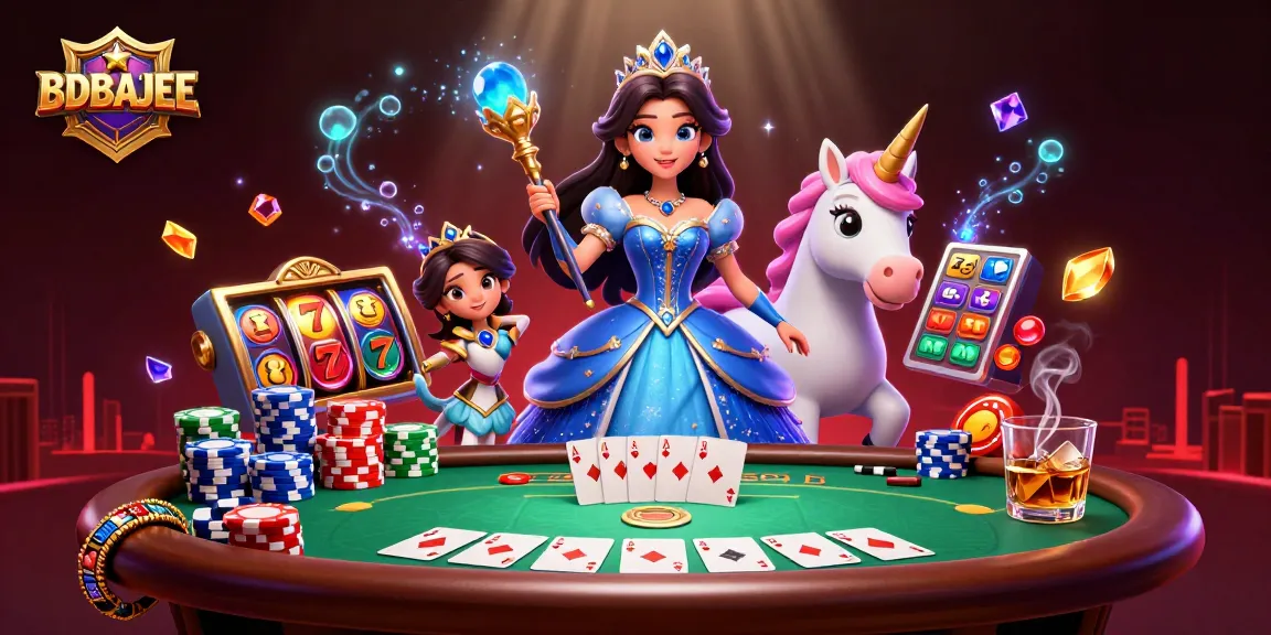 Experience thrilling gameplay at BDBAJEE with vibrant illustrations of poker and slots.