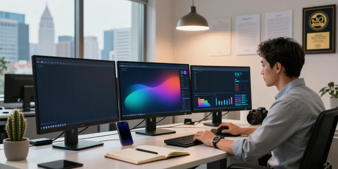 Marketing expert analyzing AI SEO metrics in a modern office.