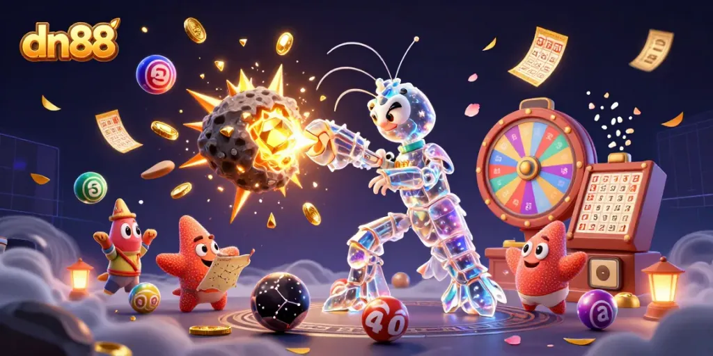 Join exciting adventures with dn88 featuring a galactic samurai mantis shrimp, golden gems, and dynamic lottery elements.