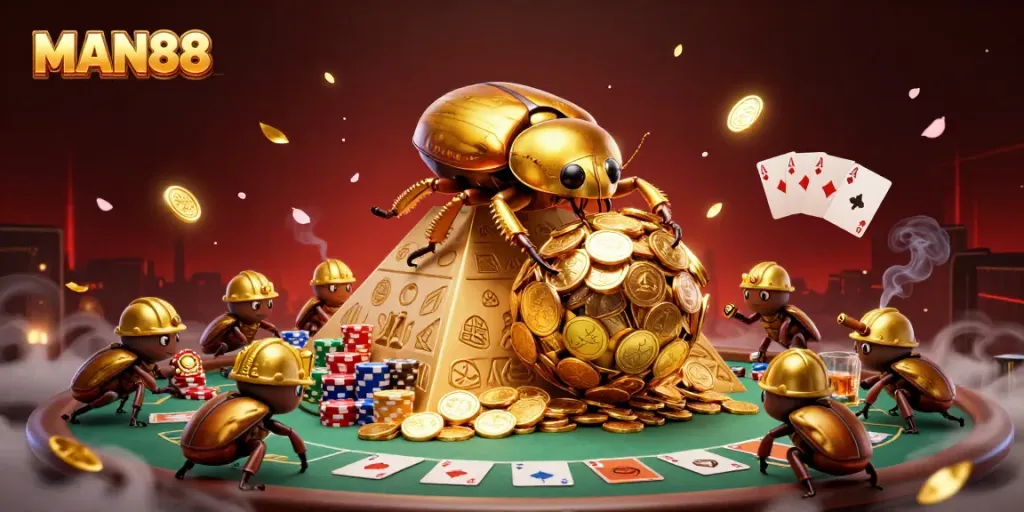 Experience thrilling gaming at MAN88 with golden beetles rolling rich jackpots in vibrant casino atmosphere.