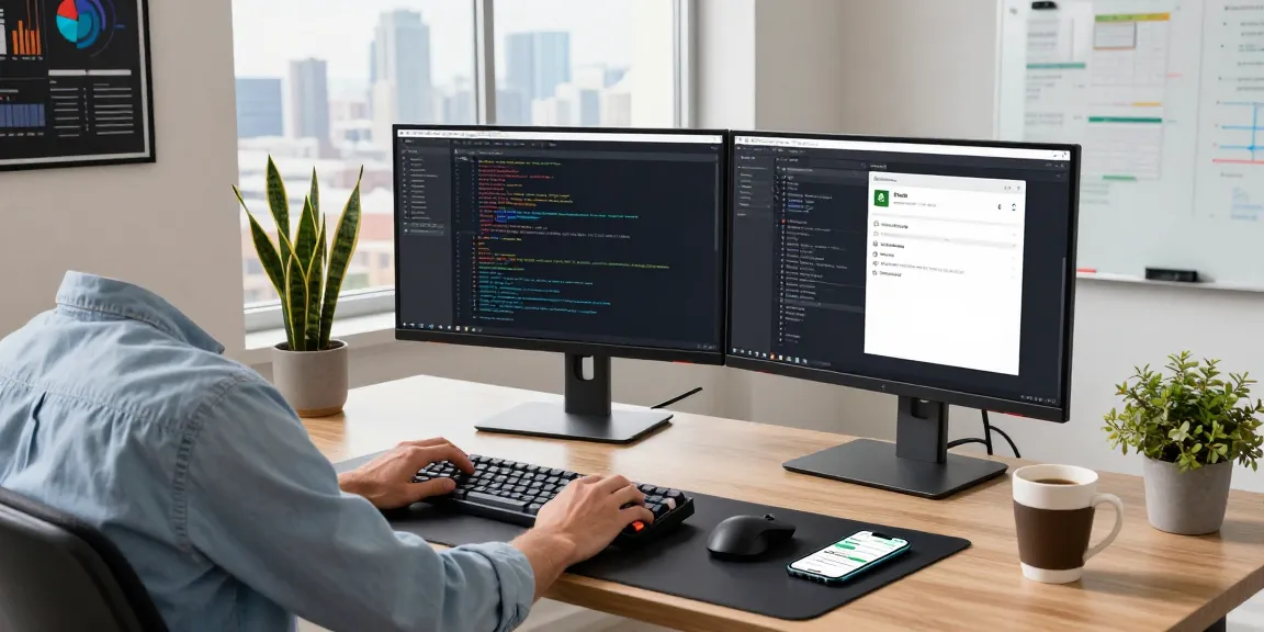 快连 app being developed in a contemporary workspace with advanced technology and collaborative elements.