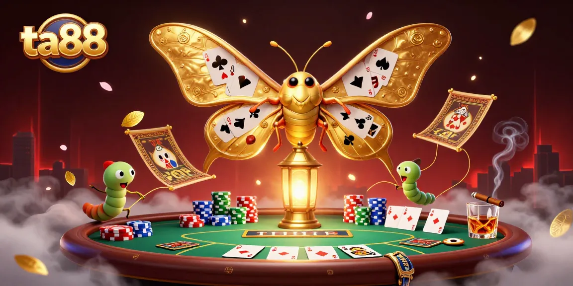 Engage with ta88 in this lively poker scene featuring a majestic moth and vibrant casino elements.