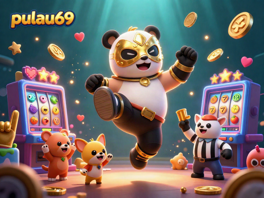 Experience the excitement of pulau69 with a thrilling scene featuring a kung fu panda surrounded by vibrant slot machines.