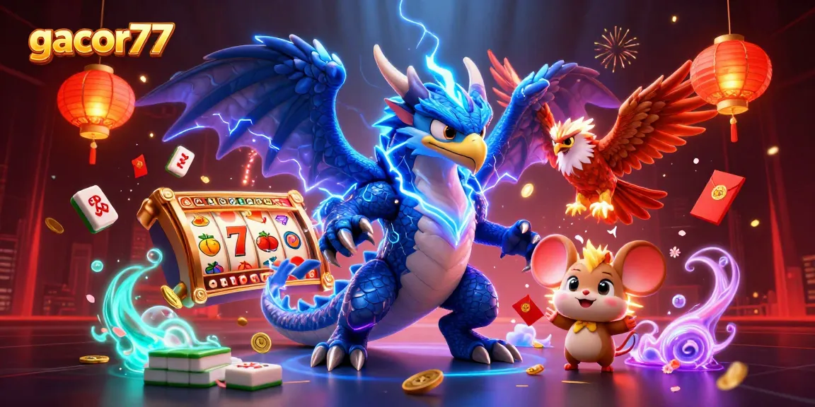 Gacor77 memutar slot dengan naga petir dan simbol keberuntungan dalam kasino digital.