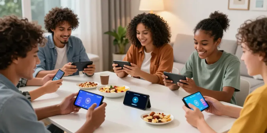 Excited players engaging with the DM First app in a cozy living room environment.