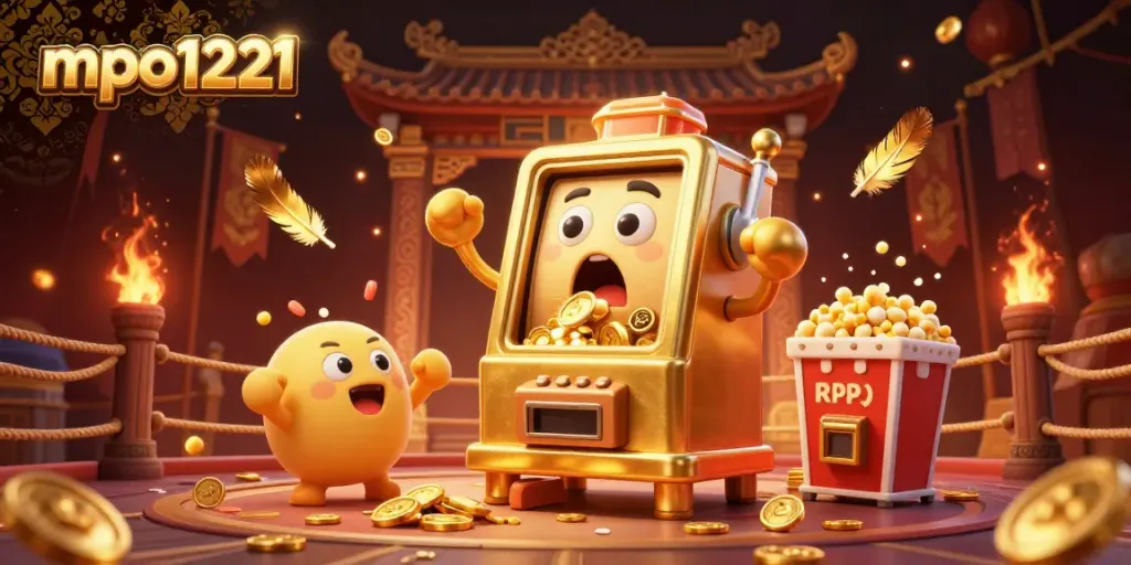 MPO1221 jackpot celebration scene with a surprised golden slot machine and cheering baby machines.