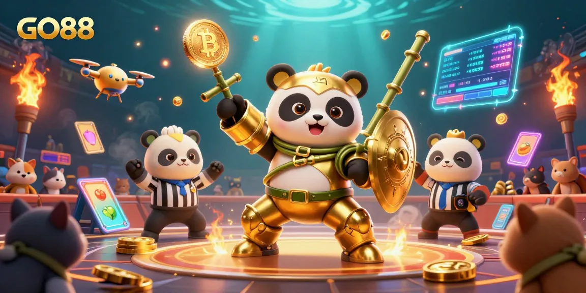 Experience GO88's thrilling action in a vibrant casino scene featuring animated characters and crypto elements.