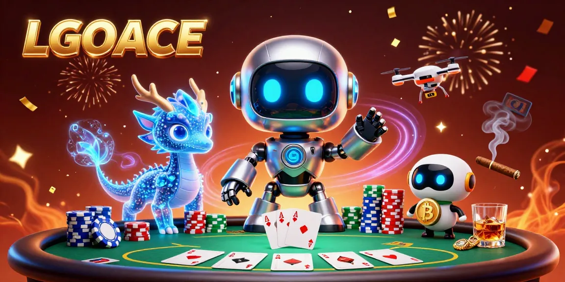 LGOACE showcases an animated robot and dragon at a vibrant poker table, evoking excitement in online gambling.