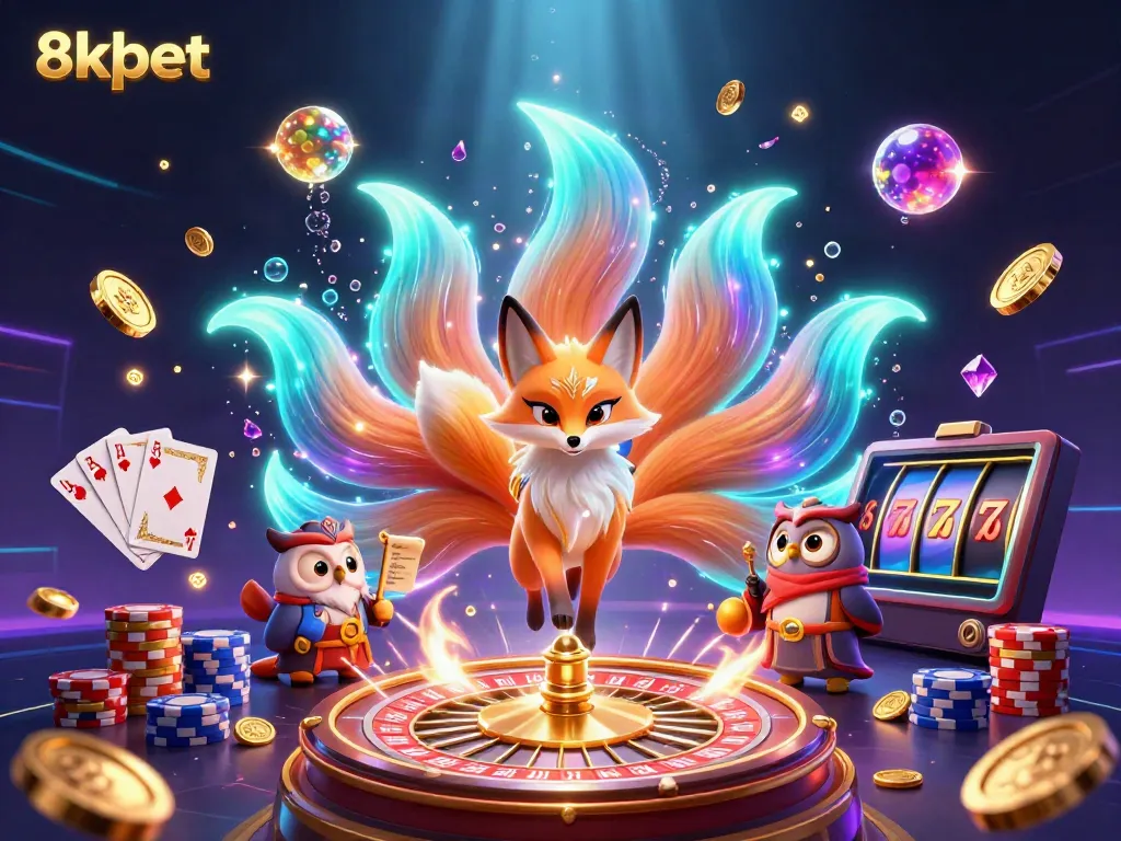 Engage with 8xbet through vibrant casino gameplay and magical elements in this dynamic illustration.