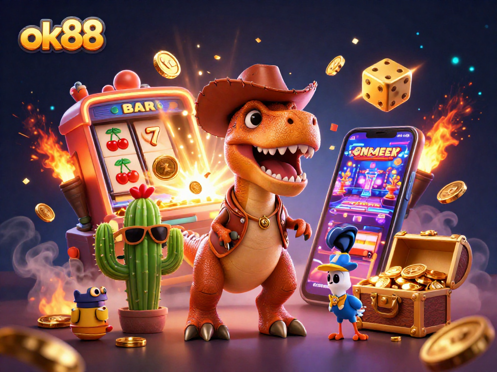 Experience the thrills of ok88 with a vibrant 3D casino scene featuring an adventurous T-Rex amidst symbols of fortune.
