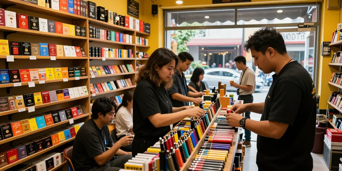 Customers discovering rokok88 products in a lively smoke shop setting.