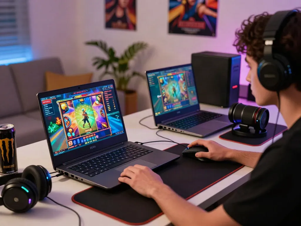 Player immersed in rokok88 slot game on laptop in stylish gaming setup.