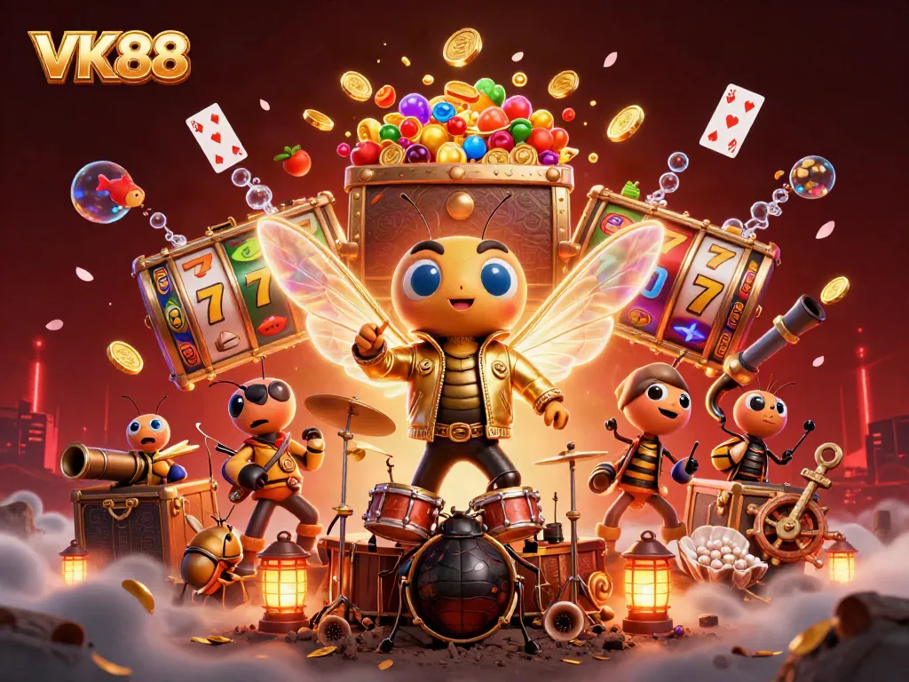 VK88 showcases a thrilling casino scene with cartoon characters and spinning slot reels.