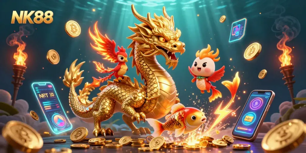Engage in thrilling action with NK88 as a majestic dragon and phoenix soar amidst vibrant casino symbols.
