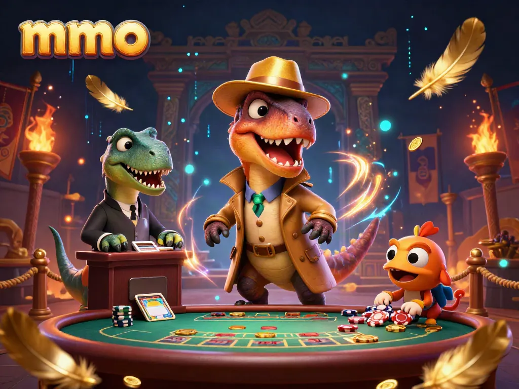 mmoo velociraptor strategically playing blackjack in a vibrant casino scene filled with gold coins and dynamic effects