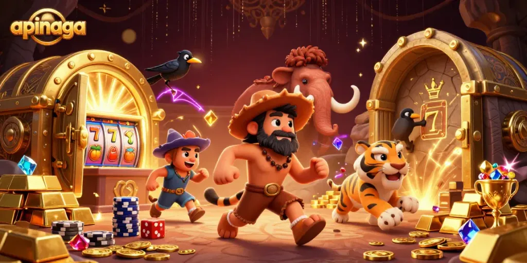Play at apinaga's vibrant casino with a caveman duo and treasure elements.