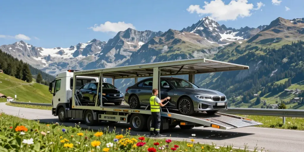 Das Importieren Ihres Autos aus der Schweiz nach Großbritannien mit My Car Import, präsentiert durch einen geschlossenen Transporter vor der atemberaubenden Alpenlandschaft.