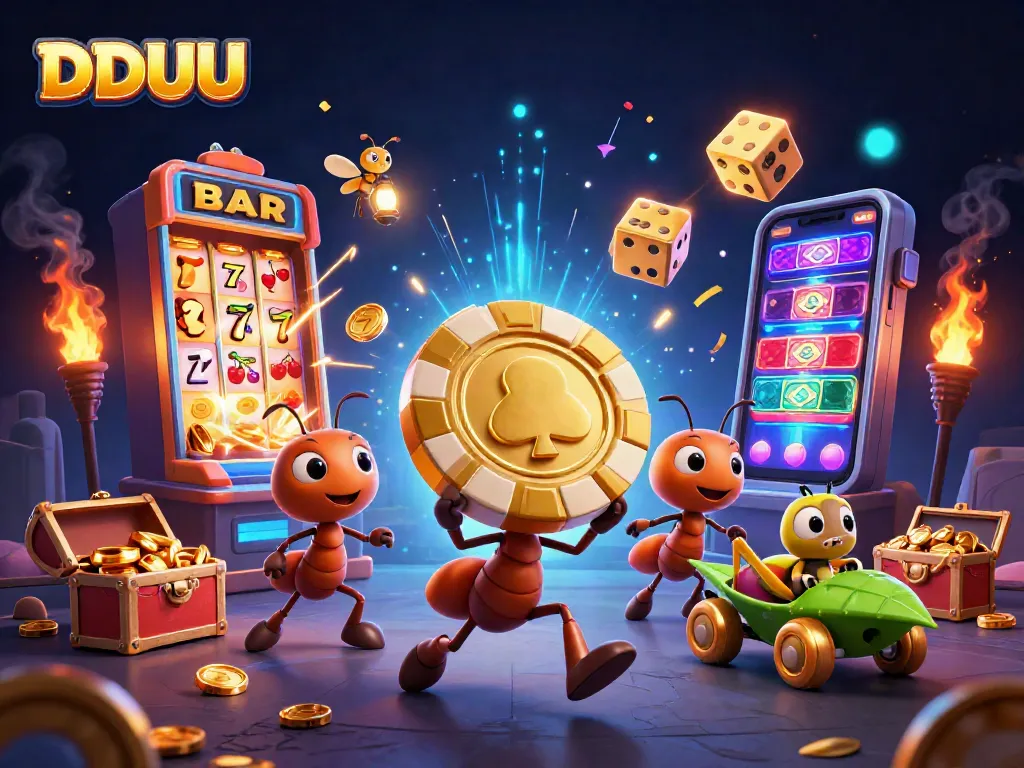 Join the DDUU adventure with ants stealing a giant poker chip amidst a jackpot explosion in this vibrant casino scene.