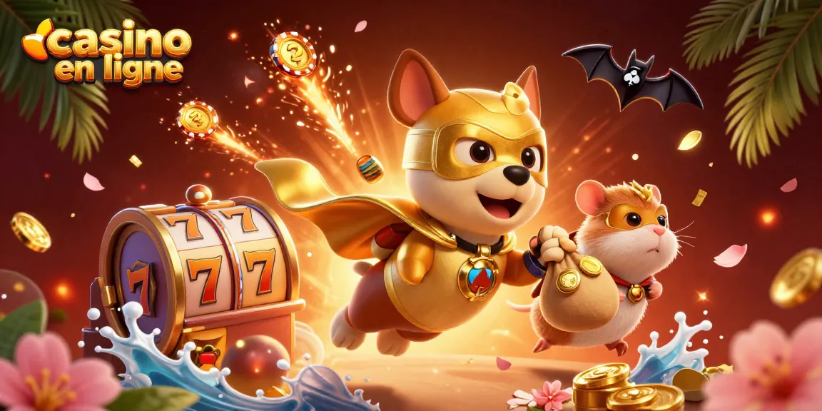 Vivez l'excitation des casinos en ligne avec un chien super-héros et un hamster volant au-dessus d'une scène de machine à sous.