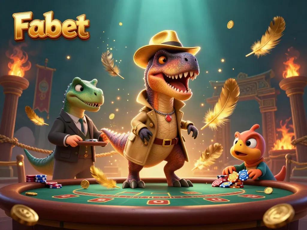 Experience the thrill of Fabet with a velociraptor card counter at blackjack, surrounded by casino energy.