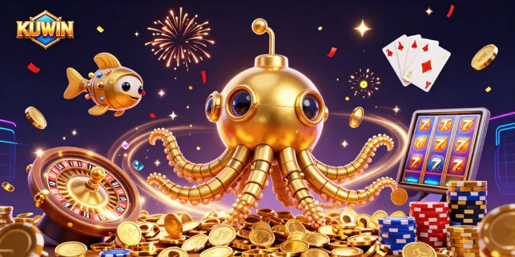 Kuwin's casino adventure showcases thrilling jackpots with a golden kraken and mechanical fish.