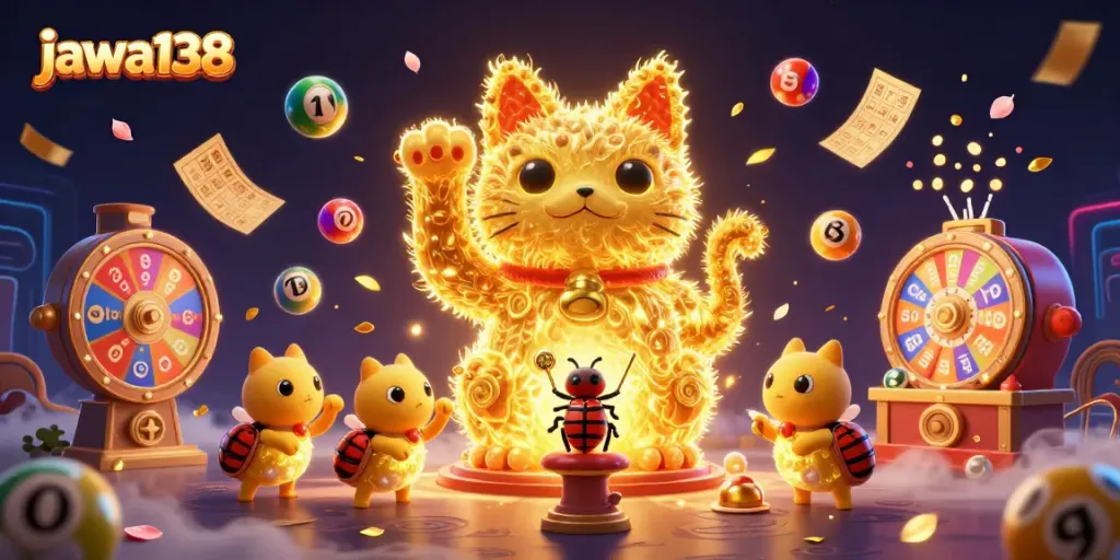 Play casino games with jawa138 in a vibrant scene featuring animated lucky cat surrounded by lottery elements.