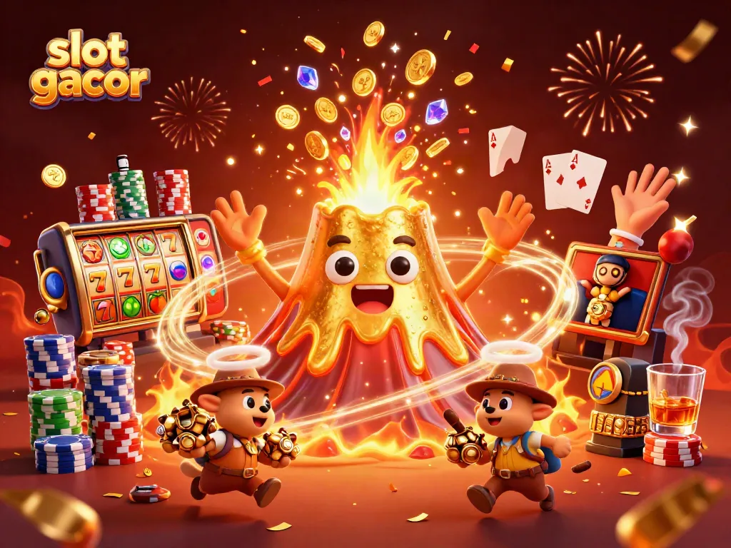 Experience the thrill of slot gacor with a golden volcano erupting treasures amid vibrant casino elements.