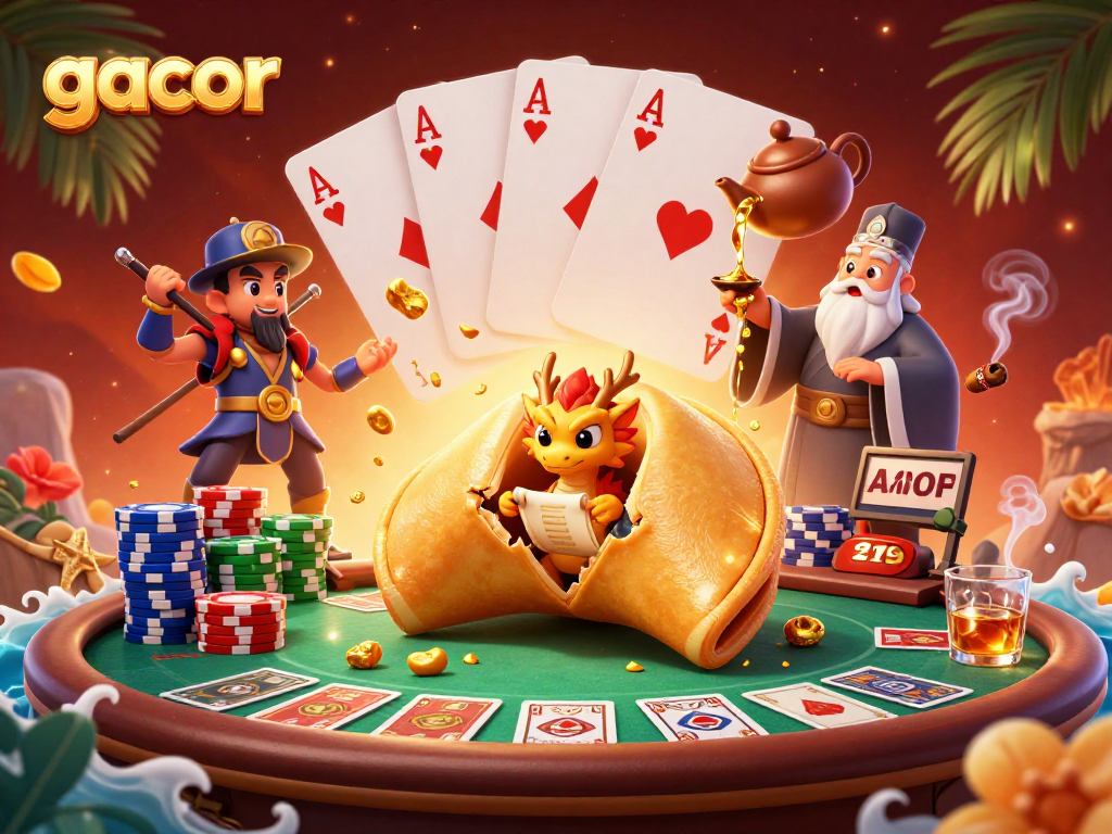 Menggali keberuntungan gacor dari kue keberuntungan emas yang dibuka, dikelilingi chip poker berwarna-warni.