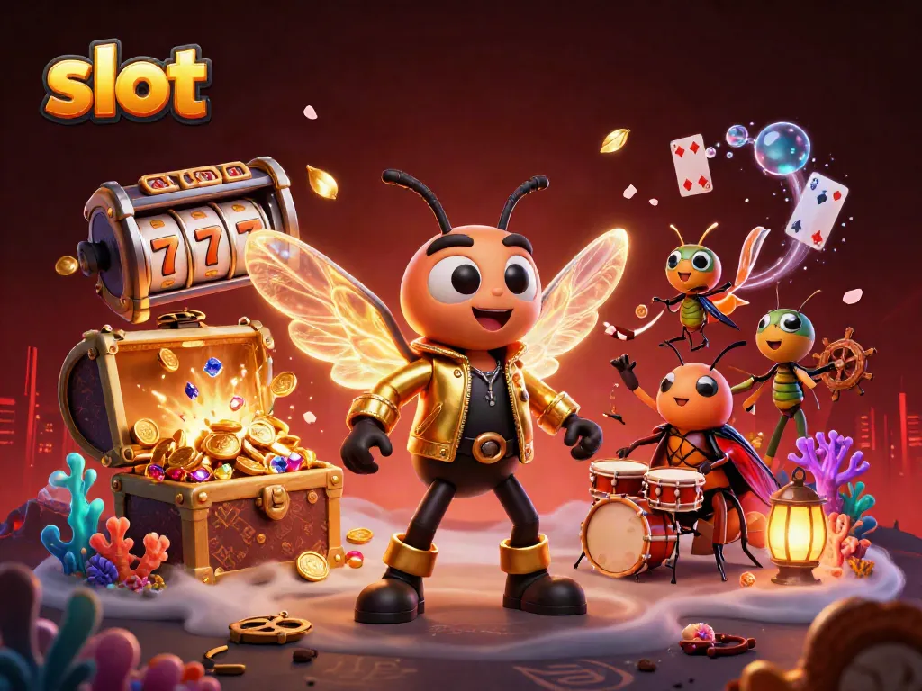 Experience thrilling slots with a dynamic scene featuring a cicada rock star and exciting gameplay.